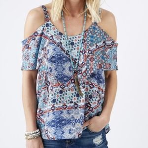 Braeve Blouse Off Shoulder Cape Top Cold Shoulder Patchwork Ikat Boho Blue Small